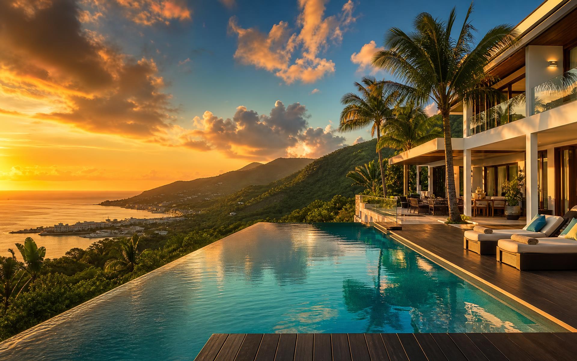 Luxury modern Jamaican hillside villa at sunset with an infinity pool overlooking the Caribbean coast