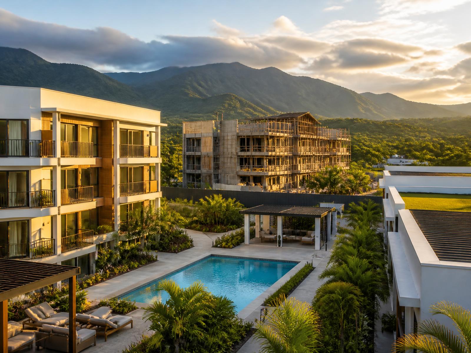 Modern gated residential development in Jamaica with landscaped courtyard and pool